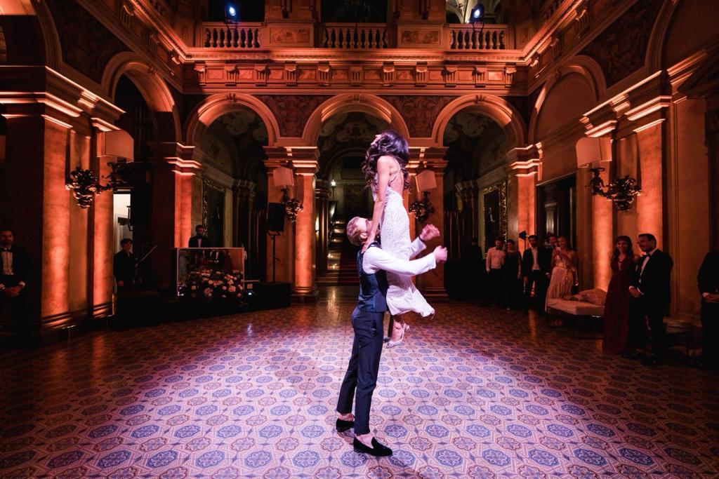 Bride and groom sharing a relaxed first dance together